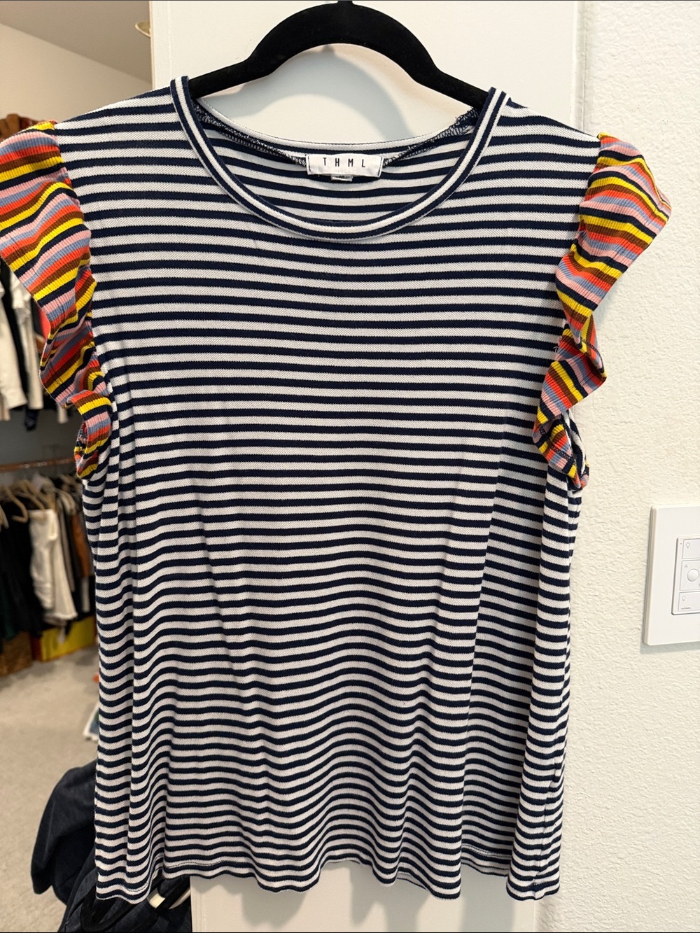 THML Navy & White Striped Tank with Multicolor Ruffle Sleeves